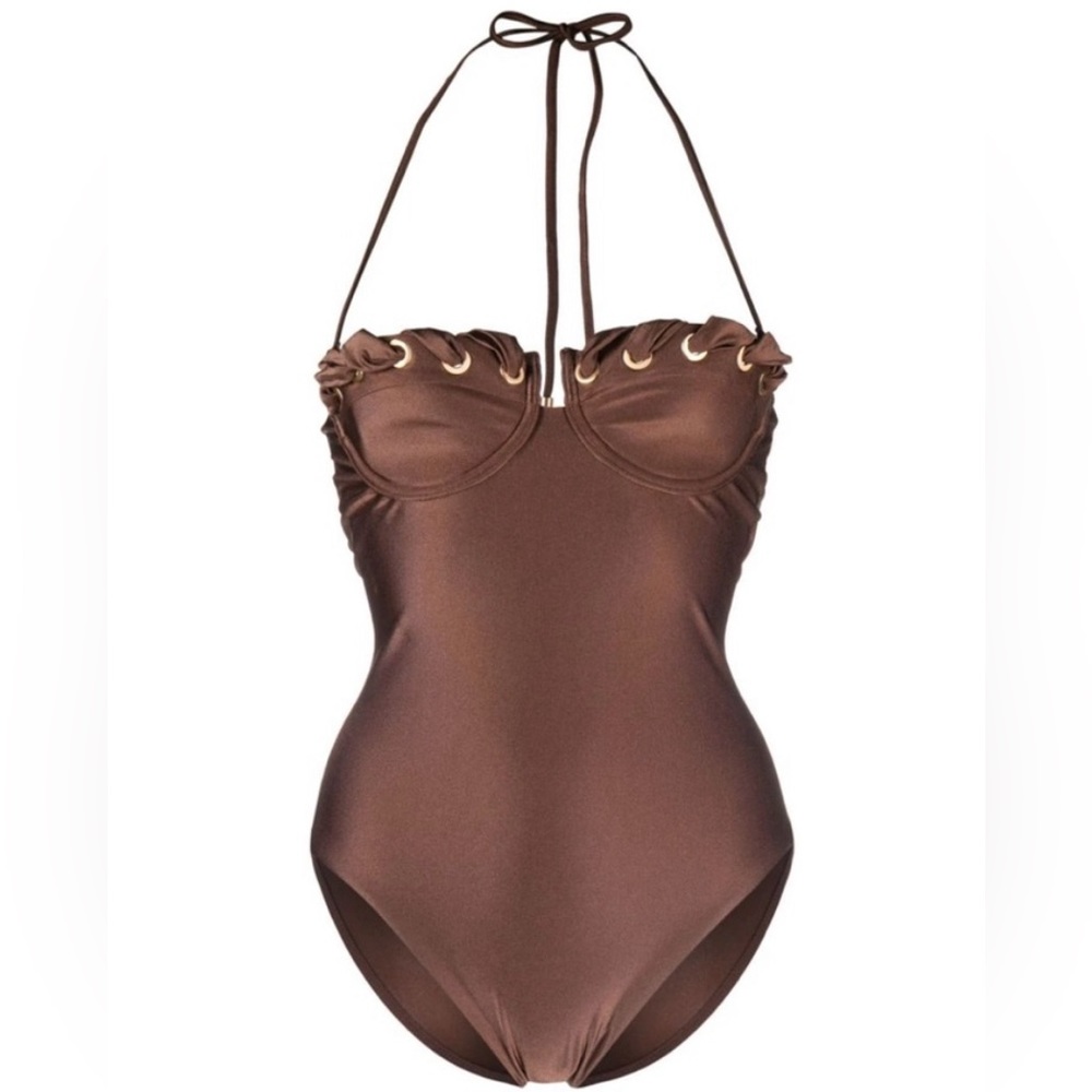 ZIMMERMANN Devi eyelet-embellished cutout underwired halterneck swimsuit sz 1 - Picture 2 of 11